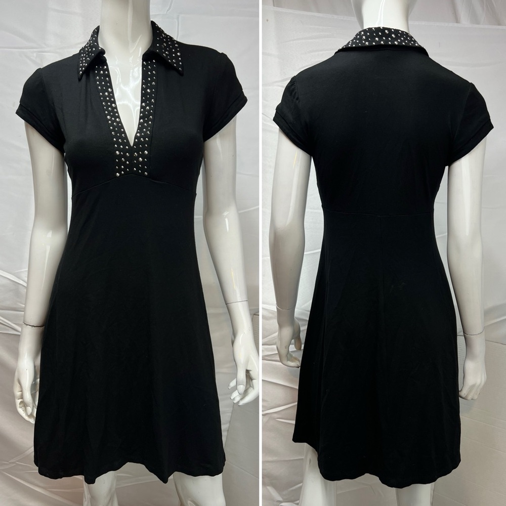 Cache Vintage Women's 8 Black Collared Stretchy Studded Short Sleeve Shirt Dress